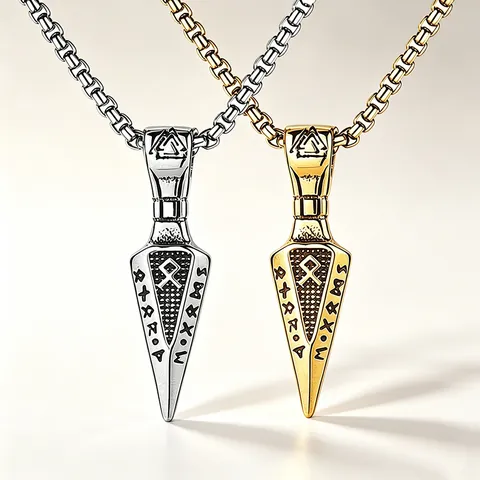 Retro Viking Spearhead Pendant Necklace For Men Stainless Steel Chain Nordic Rune Valknut Skull Eagle Hammer Cross Jewelry