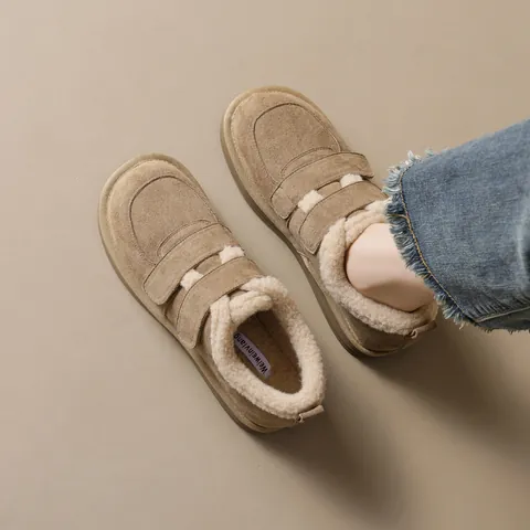 Women Snow Boots Winter Warm Plush Lining Suede Cotton Shoes Hook-And-Loop Thick Sole Birkenstock Style Casual Flat Boots