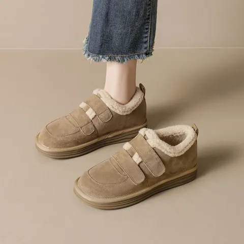 Women Snow Boots Winter Warm Plush Lining Suede Cotton Shoes Hook-And-Loop Thick Sole Birkenstock Style Casual Flat Boots