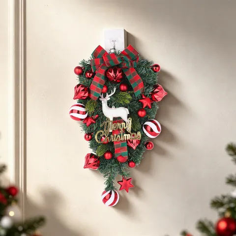 Christmas Teardrop Swag Wreath Artificial Pine White Reindeer Red Plaid Bow Merry Christmas Sign Wall Hanging Decor