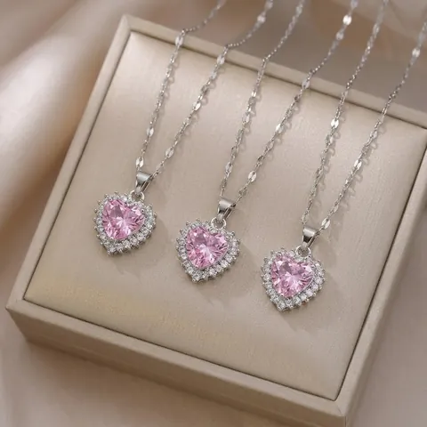 Heart Pendant Necklace Stainless Steel Pink Zircon Rhinestone Dainty Simple Inlaid Choker Jewelry For Women Elegant Gift