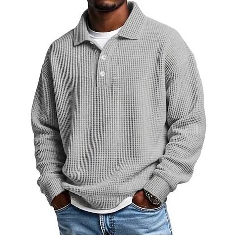 Polo à Manches Longues en Maille Gauffrée Rétro Américain pour Hommes Coupe Décontractée en Polyester Haut Casual Couleur Unie Automne Hiver