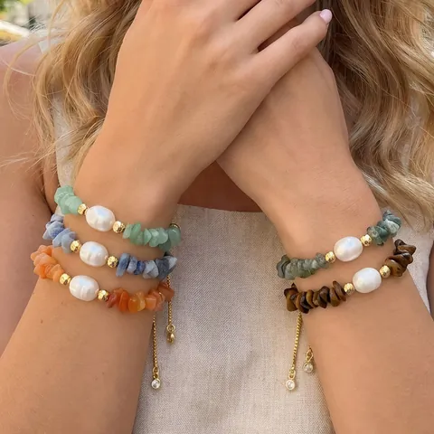 Bracelet Fait Main Avec Éclats De Pierre Naturelle Et Perle D'eau Douce Ajustable Plaqué Or Bijoux Boho Pour Femmes