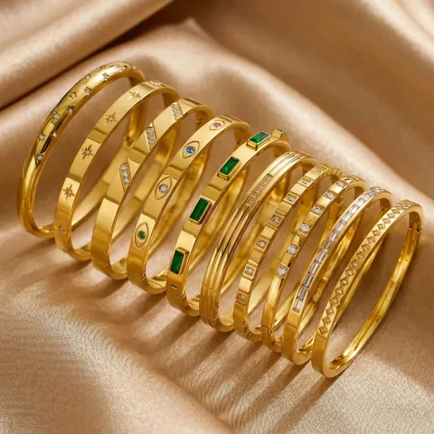 Roestvrij Stalen 18K Vergulde Armring Voor Vrouwen Luxe Strass Ingelegde Ster Boze Oog Patroon Diagonale Streep Armband Sieraden Cadeau