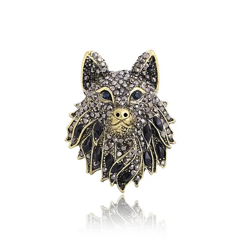 Vintage Wolf Head Totem Brooch For Men Women Antique Gold Alloy Inlaid Rhinestone Animal Lapel Pin Suit Accessories Jewelry