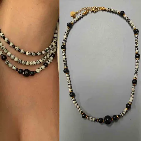 Ensemble Collier et Boucles d'Oreilles Vintage Perle Baroque et Pierre Jaspe Dalmatien pour Femme Acier Inoxydable Plaqué Or