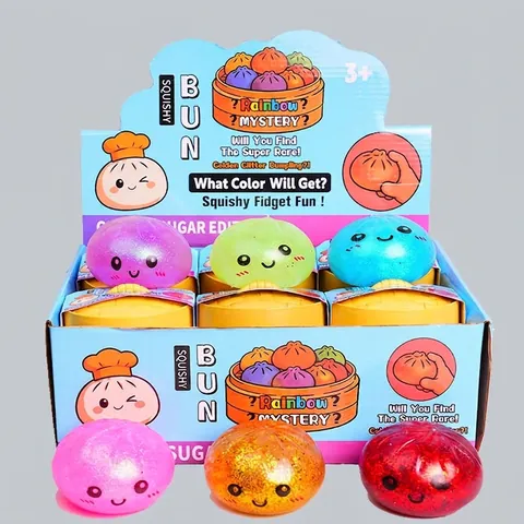 Squishy Bun Stress Relief Toy with Mini Steamer Maltose Gold Powder Fidget Toy for Party Favors Kids Adults Cartoon Character