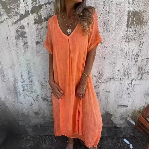 Robe Midi Décontractée en Coton Et Lin pour Femmes Col en V Manches Courtes Ample Ligne A Pullover Couleur Unie Style Bohème