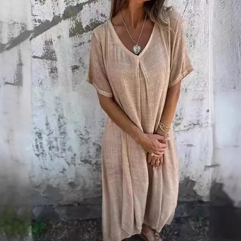 Robe Midi Décontractée en Coton Et Lin pour Femmes Col en V Manches Courtes Ample Ligne A Pullover Couleur Unie Style Bohème