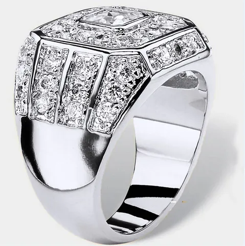Anillo Hip Hop para Hombre con Circonia Cuadrada Chapado en Oro Plata Aleación Geométrico Pavé Iced Out Anillo Joyería de Moda Regalo