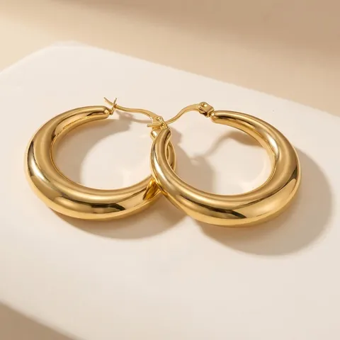 Stainless Steel Chunky Hoop Earrings For Women 18K Gold Plated Hollow Round Geometric Minimalist High Polish Statement Jewelry
