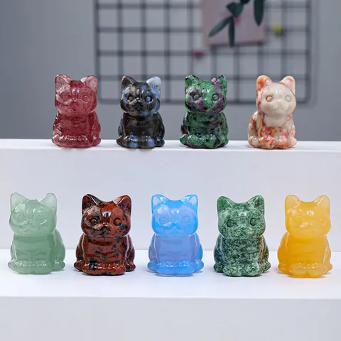 Natural Crystal Lucky Cat Figurine Hand Carved Stone Cat Figurine Cartoon Animal Desktop Ornament For Home Office Decor Gift