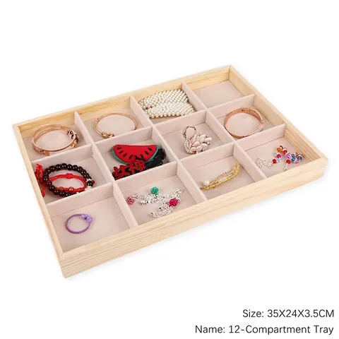 Vassoio per Esposizione Gioielli in Legno Naturale Con Fodera in Velluto Beige Orecchini Anello Collana Piatto Portaoggetti Organizzatore Gioielli Legno