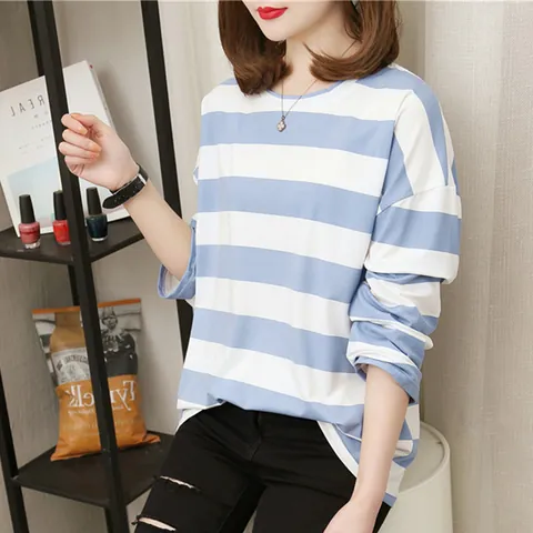 Maglietta da Donna a Righe Manica Lunga Vestibilità Ampia Girocollo Poliestere Pullover Top Korean Streetwear Abbigliamento Casual