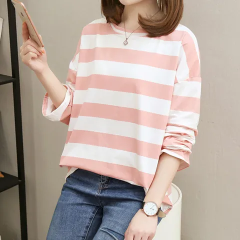 Maglietta da Donna a Righe Manica Lunga Vestibilità Ampia Girocollo Poliestere Pullover Top Korean Streetwear Abbigliamento Casual