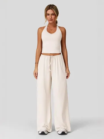 Γυναικείο Halter Εξώπλατο Tank Top και Φαρδύ Παντελόνι Πάνω και Κάτω Casual Μονόχρωμη Αθλητική Φόρμα Γιόγκα