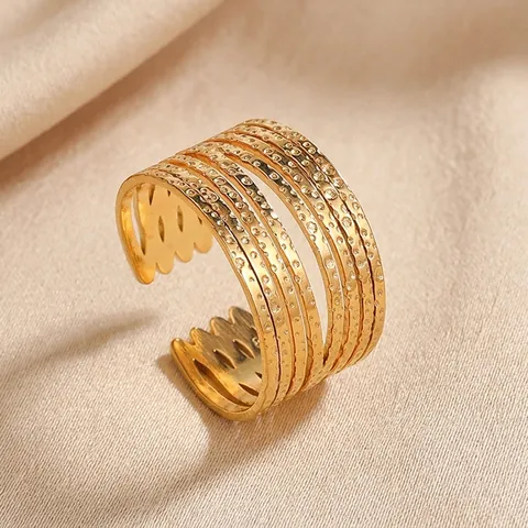 Geometric Lines Stainless Steel Wide Hollow Ring For Women Gold Plated Hammered Texture Adjustable Finger Ring Jewelry