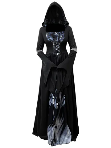 Women's Halloween Witch Dress Hooded Skull Ghost Cosplay Costume Gothic Sorceress Performance Robe Party Outfit