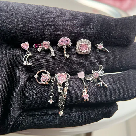 Pendientes de Botón de Acero de Titanio con Strass Rosa para Mujer Lindo Lazo Corazón Luna Estrella Cruz Joyería Cómoda