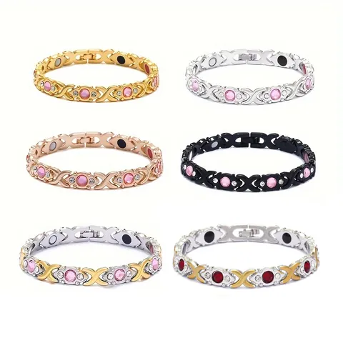 Bracelet d'Énergie Magnétothérapie pour Femmes Alliage Strass Croix XO Maillon Bijoux de Santé Mode Ajustable Jonc Incrusté Cadeau