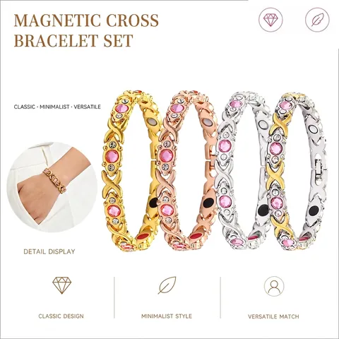 Bracelet d'Énergie Magnétothérapie pour Femmes Alliage Strass Croix XO Maillon Bijoux de Santé Mode Ajustable Jonc Incrusté Cadeau