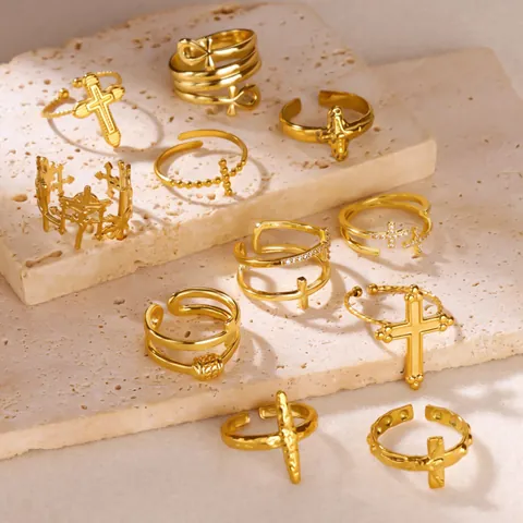 Anillo Abierto de Acero Inoxidable Chapado en Oro de 18K Diamantes de Imitación Cruz Ankh Estrella Anillo Ajustable para Mujer Joyería