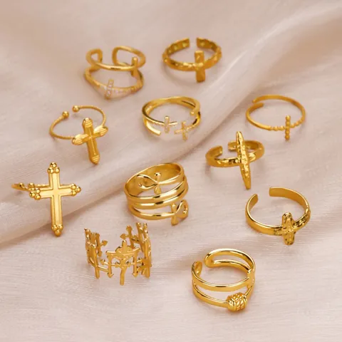 Anillo Abierto de Acero Inoxidable Chapado en Oro de 18K Diamantes de Imitación Cruz Ankh Estrella Anillo Ajustable para Mujer Joyería
