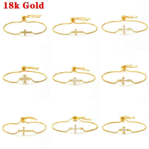 Light Luxury Gold-Plated Copper Cross Bracelet For Women With Zirconia Sparkling Box Chain Adjustable Bracelet Religious Jewelry Gift