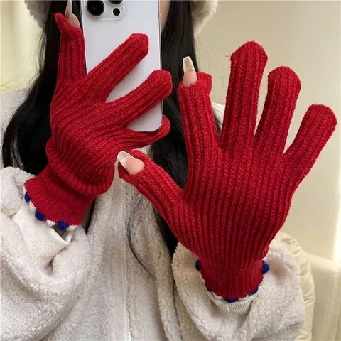 Gants en Tricot d'Hiver Compatibles Écran Tactile Ouverture à Deux Doigts Chauds en Acrylique Façon Cachemire pour Hommes Femmes