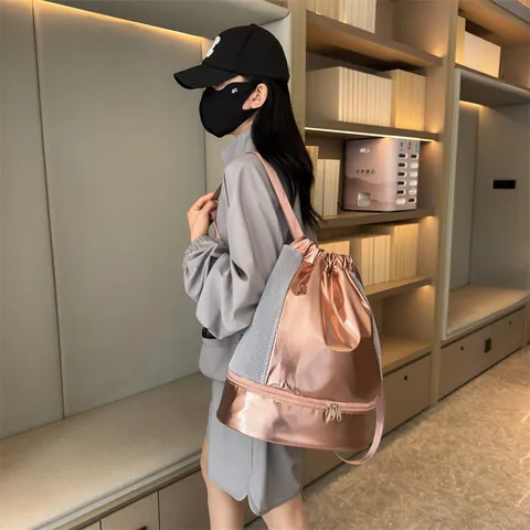Metallic Shiny Fitness Backpack For Women With Shoe Compartment Dry Wet Separation Drawstring Sports Bag Yoga Swimming Backpack