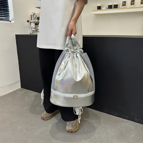 Metallic Shiny Fitness Backpack For Women With Shoe Compartment Dry Wet Separation Drawstring Sports Bag Yoga Swimming Backpack