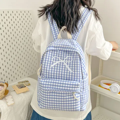 Nylon Gingham Ruiten Rugzak Met Geborduurde Strik Frisse Ins Stijl Grote Capaciteit Schooltas Voor Meisjes Dagelijks Reizen