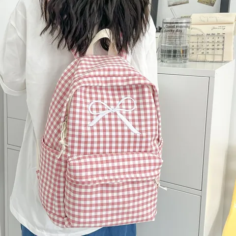 Nylon Gingham Ruiten Rugzak Met Geborduurde Strik Frisse Ins Stijl Grote Capaciteit Schooltas Voor Meisjes Dagelijks Reizen