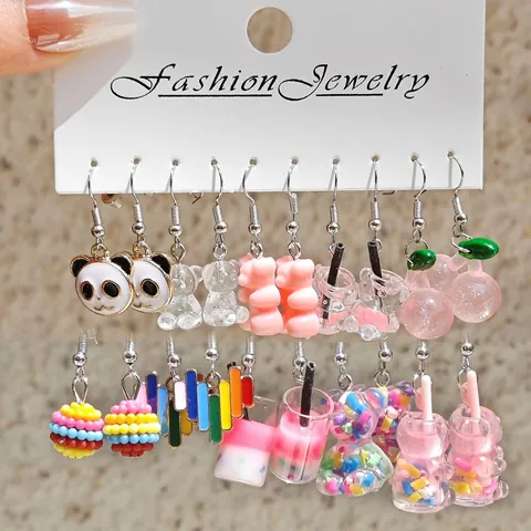 Cute Resin Gummy Bear Panda Milk Tea Food Drop Earrings Set Pink Colorful Animal Dangle Earrings For Girls Teens Jewelry Gift