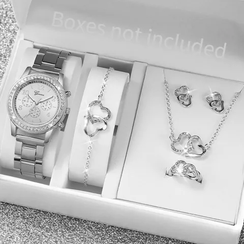 Mode Damen Uhren Und Schmuck Set Herz Strass Legierung Quarzuhr Mit Passender Halskette Armband Ring Ohrringe Set Für Damen Geschenk