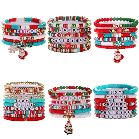 Kerst Kralen Armband Set Voor Vrouwen Kerstman Sneeuwvlok Polymeerklei Heishi Kralen Letters Stapelbaar Vakantie Sieraden Cadeau