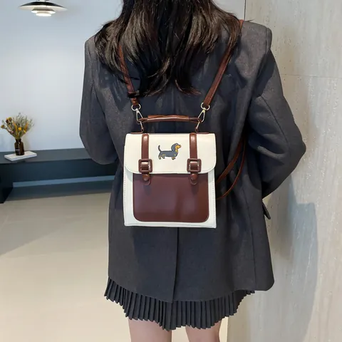 Zaino Cartone Animato Vintage Francese per Donna in Pelle PU Borsa Cambridge Colore a Contrasto Ricamo Cane Gatto Zaino da Viaggio Tracolla