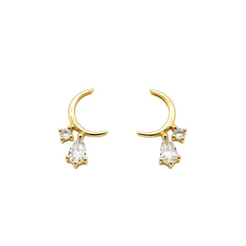 Boucles d'Oreilles Clous en Argent Sterling S925 Lune Goutte d'Eau Plaquées Or 14K avec Strass pour Femme Bijoux de Mode Élégants