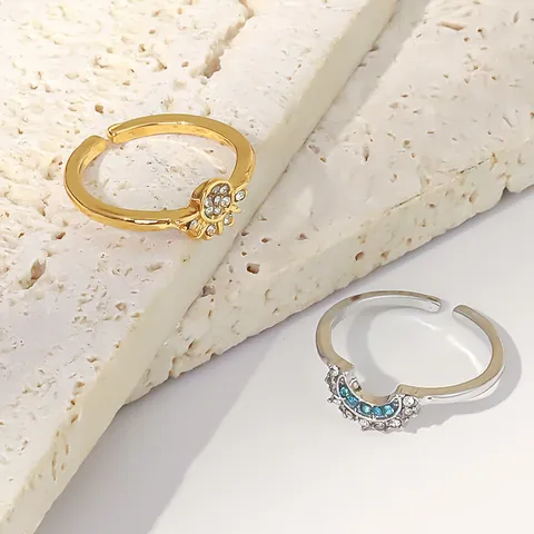 Luxury Sun And Moon Electroplated Alloy Rhinestone Open Rings For Women Minimalist Fashion Light Luxury Couple Rings Jewelry Gift