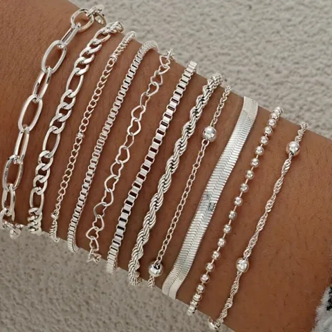 11 Stücke Mode Schmuck Set Für Damen Legierung Silber Gold Farbe Herz Kette Twist Armband Mehrlagig Verstellbare Handkette Geschenk