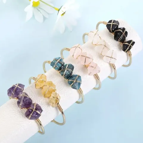Natural Raw Amethyst Rose Quartz Citrine Stone Cuff Bracelet For Women Stainless Steel Handmade Wire Wrapped Open Bangle Jewelry