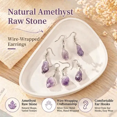 Natural Amethyst Raw Stone Wire Wrapped Drop Earrings For Women Handmade Irregular Purple Crystal Quartz Earrings Bohemian Dangle Jewelry Gift