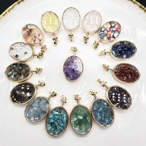 Natural Stone Chip Glass Bottle Pendant Gold Frame Oval Faceted Agate Charm For Jewelry Making DIY Necklace Women Jewelry Accessory