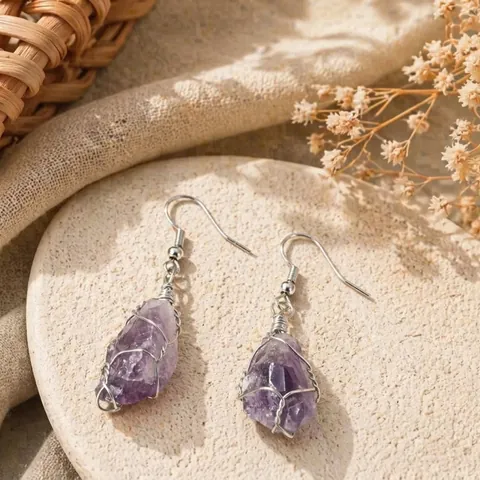 Natural Amethyst Raw Stone Wire Wrapped Drop Earrings For Women Handmade Irregular Purple Crystal Quartz Earrings Bohemian Dangle Jewelry Gift