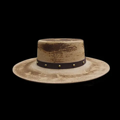 Distressed Wool Bolero Hat Vintage Western Cowboy Flat Top Wide Brim Studded Leather Band Retro Gothic Party Accessory