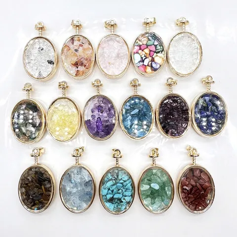 Natural Stone Chip Glass Bottle Pendant Gold Frame Oval Faceted Agate Charm For Jewelry Making DIY Necklace Women Jewelry Accessory