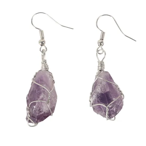 Natürliche Amethyst Rohstein Drahtumwickelt Tropfenohrringe Für Damen Handgemachte Unregelmäßige Lila Kristall Quarz Ohrringe Bohemian Schmuck Geschenk