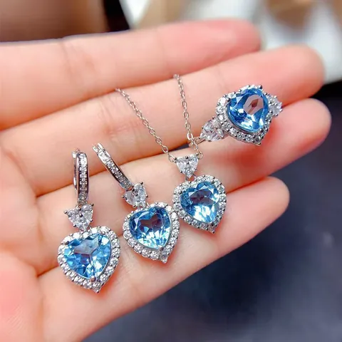 Elegant Copper Heart Shaped Jewelry Set For Women Swiss Blue Red Rhinestone Inlaid Adjustable Ring Pendant Necklace Stud Earrings