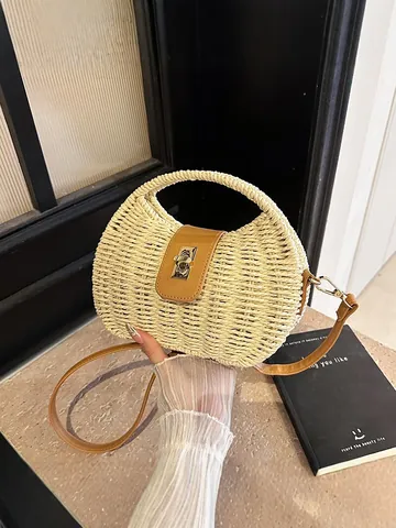 French Vintage Woven Straw Shoulder Crossbody Bag For Women Beach Holiday Handheld Oval Woven Bag With Metal Lock Buckle