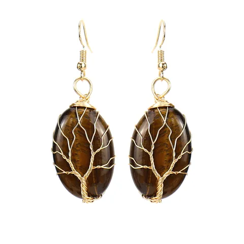 Orecchini Albero della Vita Fatti a Mano Avvolti nel Filo per Donna Placcati Oro Pietra Naturale Pendenti Ovali Gioielli Boho